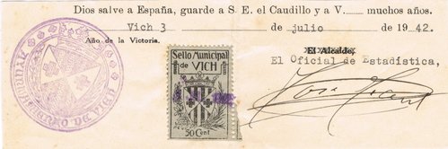 VICH documento 1942 50 cts negro sobre gris