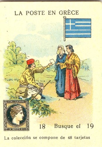 Cromo de Libreria de Cuesta. Salamanca. Anverso. 18. La Poste en Grece. Baja.jpg