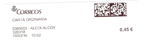 Etiqueta térmica digital. 0380003 - Alcoi-Alcoy. 326318. Carta ordinaria. 0,45. 3.6x9,9. 2016-03-15. 13.02.jpg