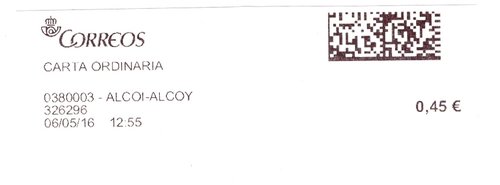 Etiqueta térmica digital. 0380003 - Alcoi-Alcoy. 326296. Carta ordinaria. 0,45. 3.7x9,9. 2016-05-06. 12.55.jpg