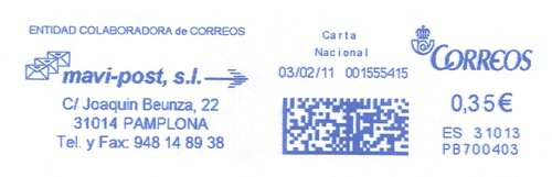 Franqueo digital. Azul. PB700403. 31013. Carta Nacional. 2011-02-03.jpg
