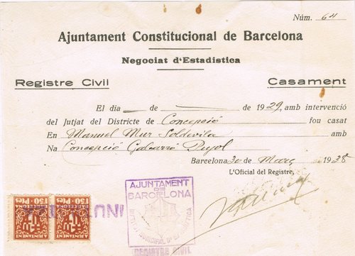 BARCELONA 1938, dos 1,50 pts documento