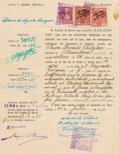 BARCELONA adhesion al regimen 26 Julio 1939, sellos de 10 y 50 cts Barcelona