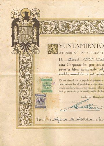 BARCELONA, parte documento 1940, con 2 y 20 pts (hay un sello deprendido)
