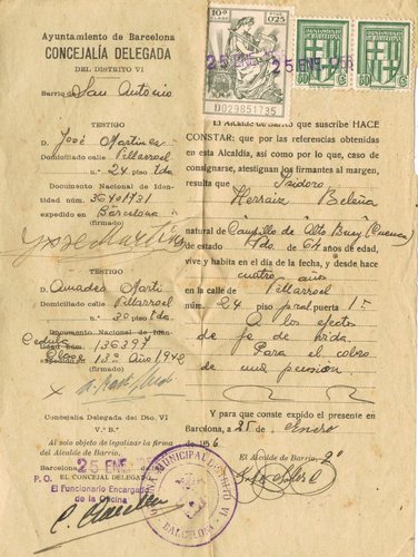 Documento de 1956. Concejalia Distrito VI, certificado de Residencia