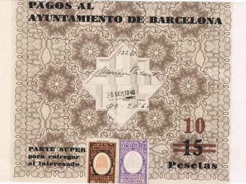 BARCELONA, hoja de pago 1946, sello pago mixto Estado Español y Republica