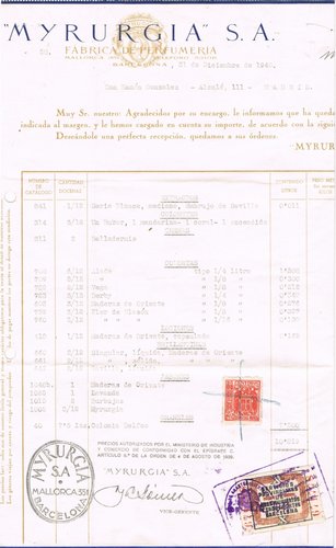 BARCELONA, abastecimiento factura Myrurgia 1940