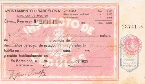 CEDULA de INQUILINATO Barcelona 1925