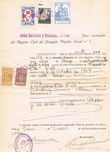 Documento partida Nacimiento 1938