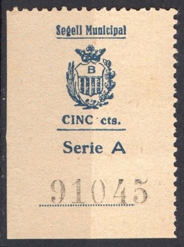 BAÑOLAS serie A 5 cts azul sobre papel paja