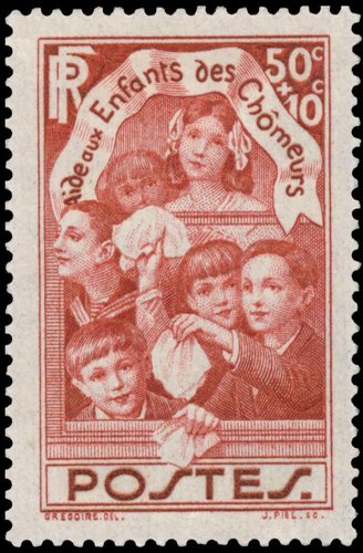 Francia, 1936. Sello con sobretasa de Ayuda a los hijos de los desempleados. Diseño de René Grégoire.
