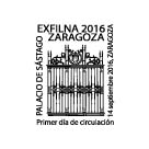 Zaragoza. 2016-09-14 al 18. EXFILNA-ECC 2016. Ediciones. 09. Hoja bloque Palacio de Sástago. Matasellos de Primer Día.jpg