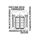 Zaragoza. 2016-09-14 al 18. EXFILNA-ECC 2016. Ediciones. 15. Hoja bloque Palacio de Sástago. Matasellos de Presentación.jpg