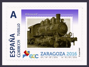 Zaragoza. 2016-09-14 al 18. EXFILNA-ECC 2016. Ediciones. 27. Anfil. Sello personalizado. El ferrocarril.jpg