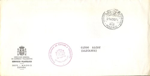Servicio Filatélico. Madrid. Diligencia. 1991-08-29. Sobre. Baja.jpg