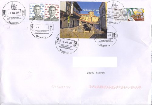 Matasellos turistico. Oficina Postal de Alcoy-Alcoi. Fiestas de San Jorge. 2016-08-08. Sobre. Baja.jpg
