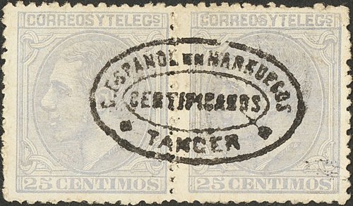 204(2). 1879. 25 cts azul gris, pareja. Matasello C.ESPAÑOL EN MARRUECOS CERTIFICADOS TANGER..jpg
