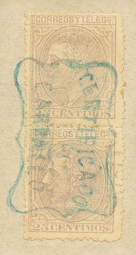 204(2). 1879. 25 cts gris azul, pareja sobre fragmento. Matasello CERTIFICADO CARBALLO, en azul..jpg