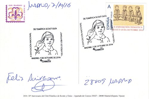 Madrid. 2016-10-07 al 15. X Exposicion Nacional de Tematica Scout-Guia. Tarjeta postal. Reverso con sello personalizado matasellada. Baja.jpg