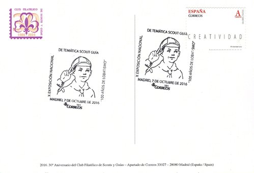 Madrid. 2016-10-07 al 15. X Exposicion Nacional de Tematica Scout-Guia. Tarjeta postal. Reverso matasellada. Baja.jpg