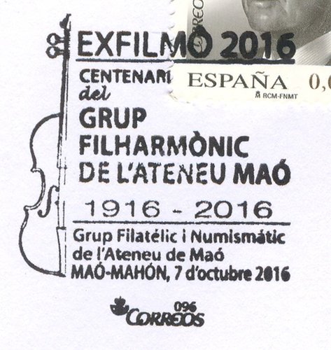 Mao (Mahon). 2016-10-07 al 12. Exfilmo 2016. Matasellos. Centenari del Grup Filharmonic. Baja.jpg