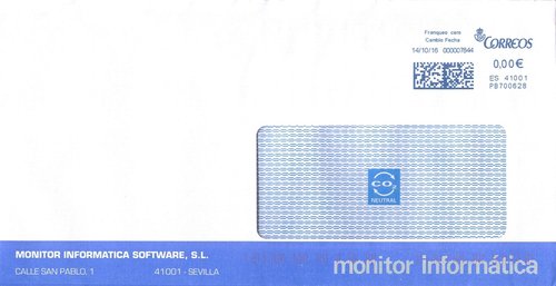 Franqueo digital. Azul. PB700628. 41001. Franqueo cero. Cambio Fecha. 2016-10-14. Sobre. Baja.jpg
