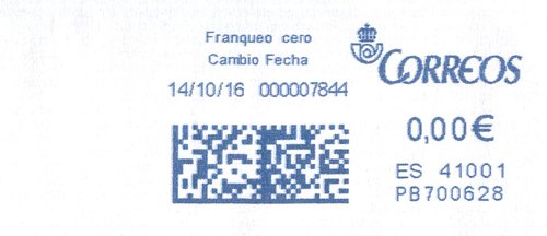 Franqueo digital. Azul. PB700628. 41001. Franqueo cero. Cambio Fecha. 2016-10-14. Baja.jpg